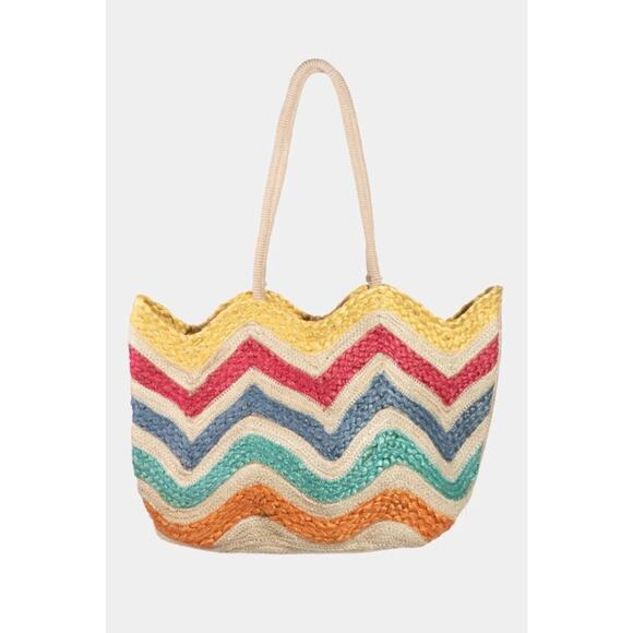 fame Handbags - Fame Wavy Rainbow Straw Tote Bag